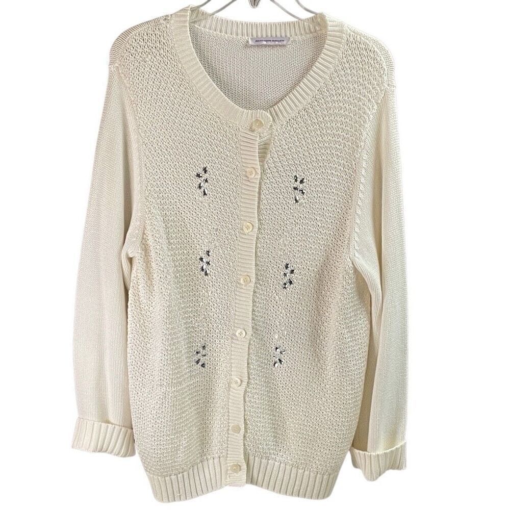 ALLISON DALEY Womens Cream Sweater Button Front Rhinestone Open Knit Front Fancy